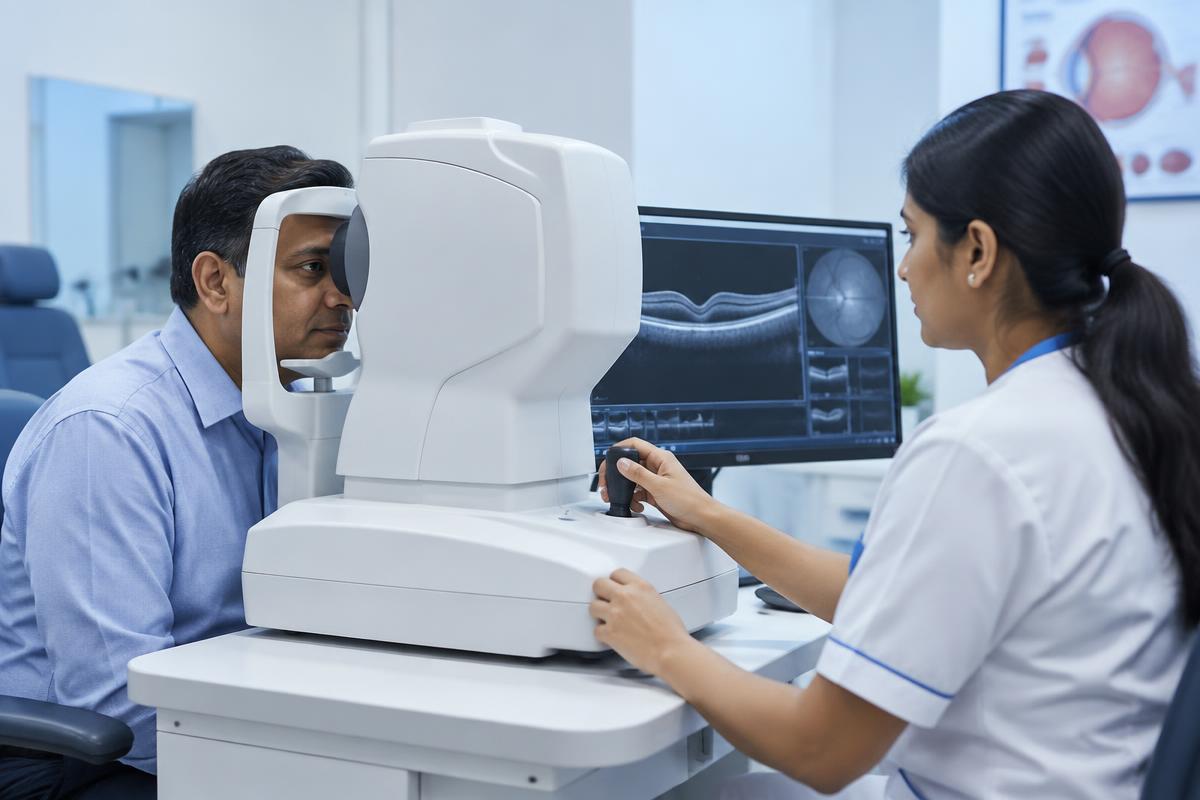 Ophthalmic technician performing advanced OCT retinal imaging
