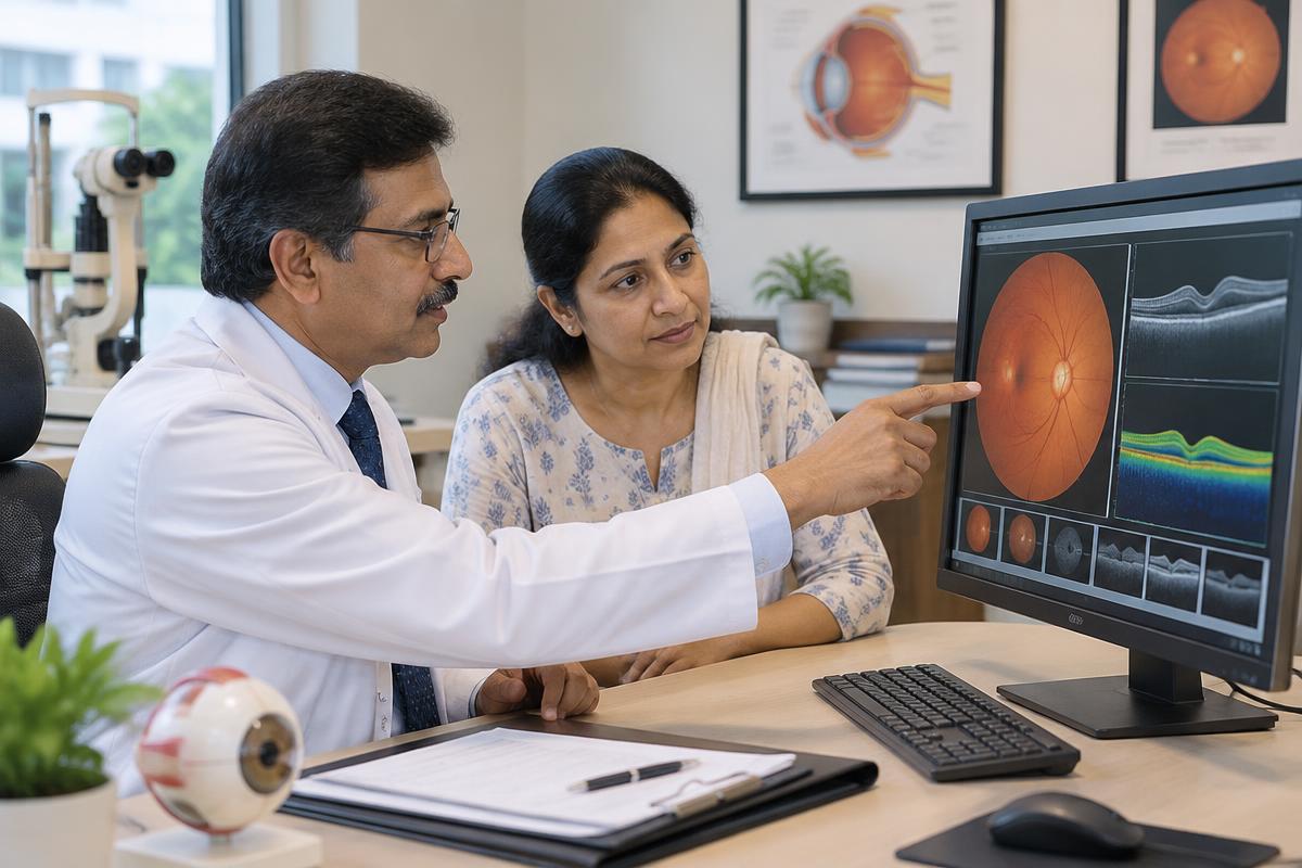 Ophthalmologist reviewing retinal scans and a treatment plan with a patient