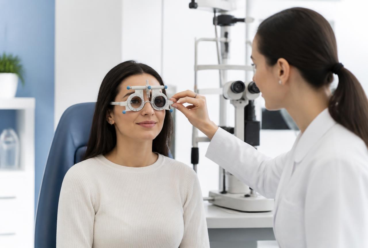 Eye specialist performing a vision test with a trial lens frame