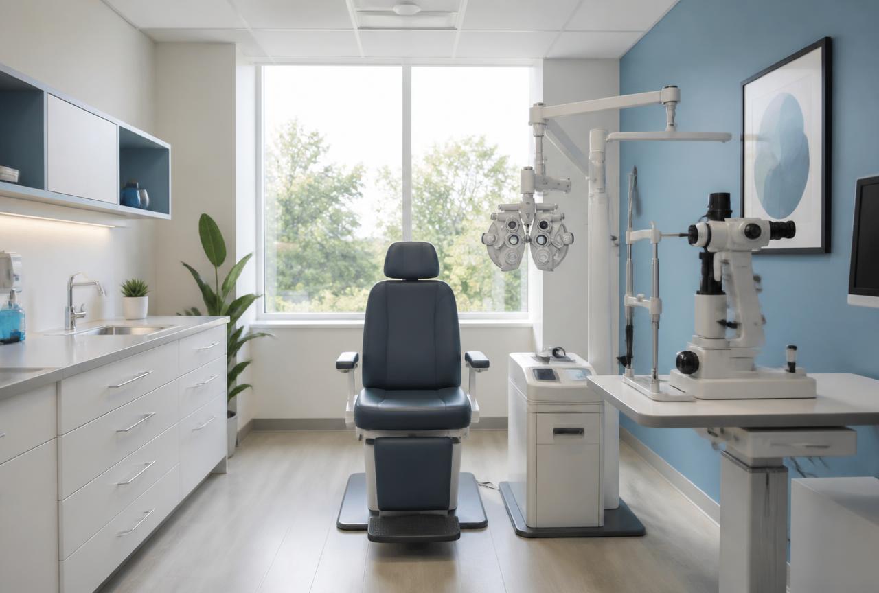 Modern eye clinic examination room with ophthalmic diagnostic equipment