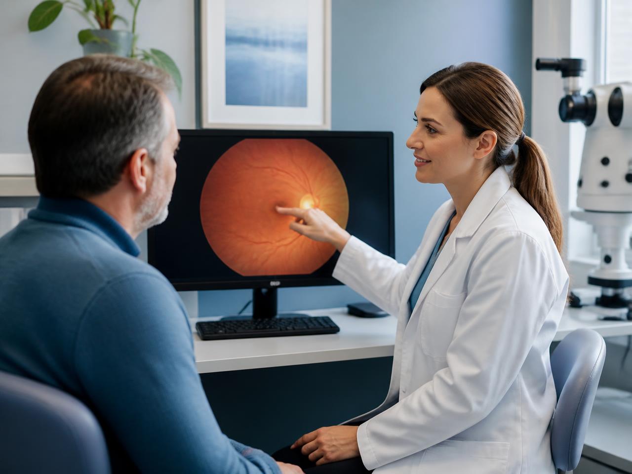 Eye doctor explaining a retinal scan to a patient during consultation